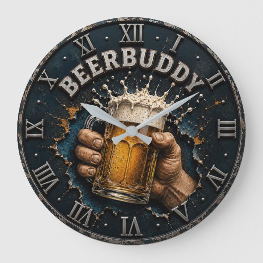 Beer Buddy Beer Lover Bar Pub Man Cave  ラージ壁時計 (正面)