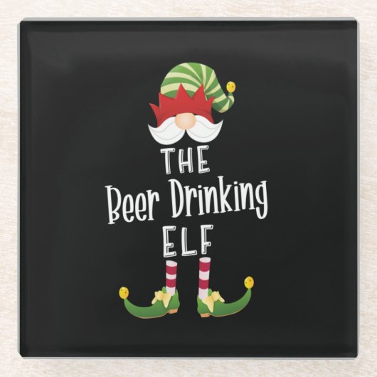 Beer Drinking Elf Group Christmas Birthday ガラスコースター (正面)