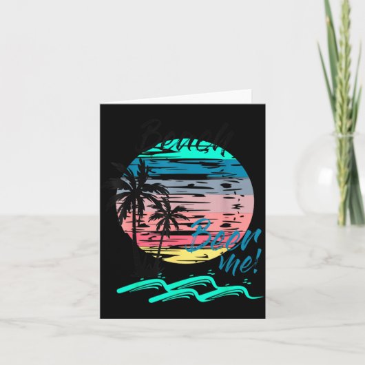 Beer Me Funny Drinking Beach Retro Sunset Palm カード (正面)