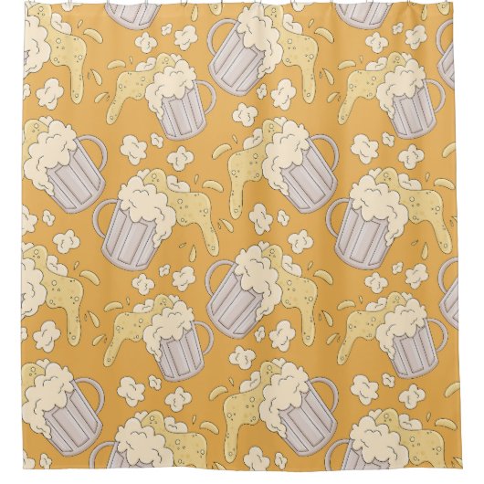 Beer Mug Cartoon:ヴィンテージシームレス。 シャワーカーテン (正面)