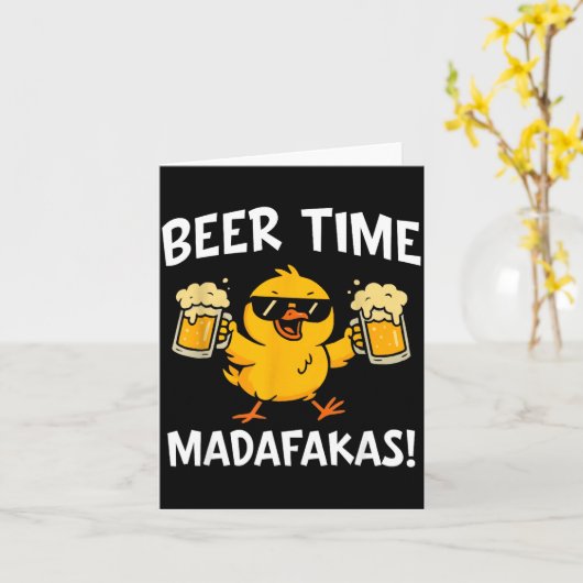 Beer Time Madafakas Funny Meme Duck With Beer Chic カード (黄色い花)