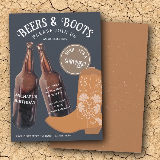 Beers Boots Cowboy Adult Birthday Surprise Party 招待状