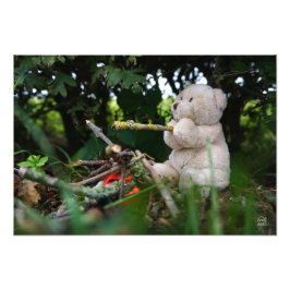 Beertje dat bij kampvuur zit. フォトプリント           