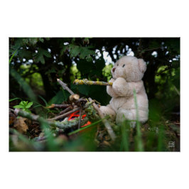 Beertje dat bij kampvuur zit. ポスター