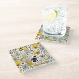 Beesヴィンテージフローラパッチワークin Blues and Yellows ガラスコースター