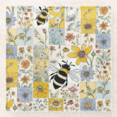 Beesヴィンテージフローラパッチワークin Blues and Yellows ガラスコースター (正面)