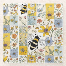 Beesヴィンテージフローラパッチワークin Blues and Yellows ガラスコースター