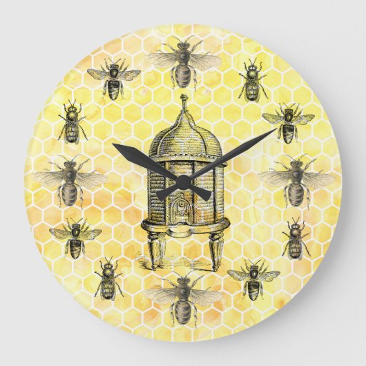 Bees and Antique Beehive on Honeycomb Clock ラージ壁時計 (正面)
