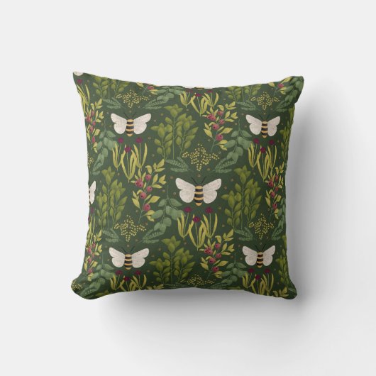 Bees and Foliage Throw Pillow クッション (正面)
