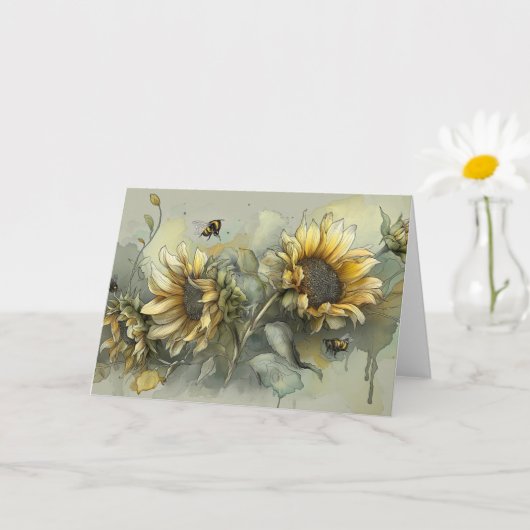 Bees and Sunflowers Greeting Card カード (小さな植物)