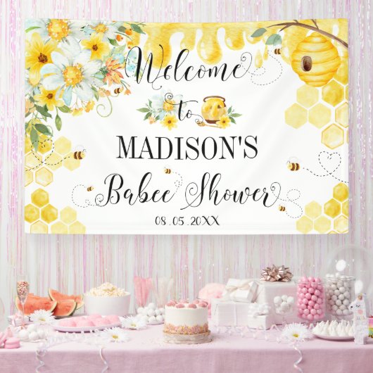 Bees Baby Shower Yellow Floral Backdrop Welcome 横断幕 (パーティー)