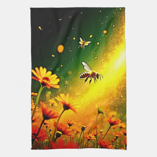 Bees' Golden Pollen Burst Joy Design キッチンタオル (縦)