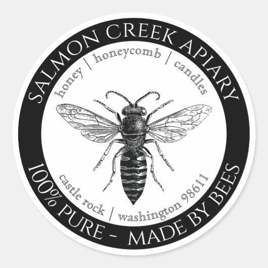 Bees Queen Bee Apiar製品ロゴで作られる ラウンドシール (正面)