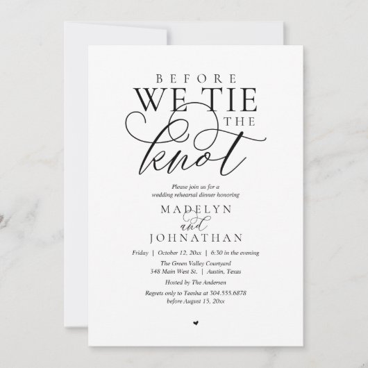 "Before we tie the knot", Wedding Rehearsal Dinner 招待状 (正面)