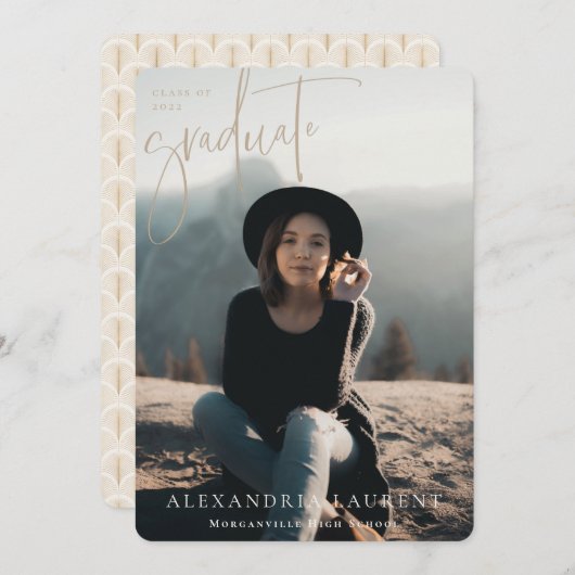 Beigeスクリプトポートレート卒業写真 案内状 (正面/裏面)