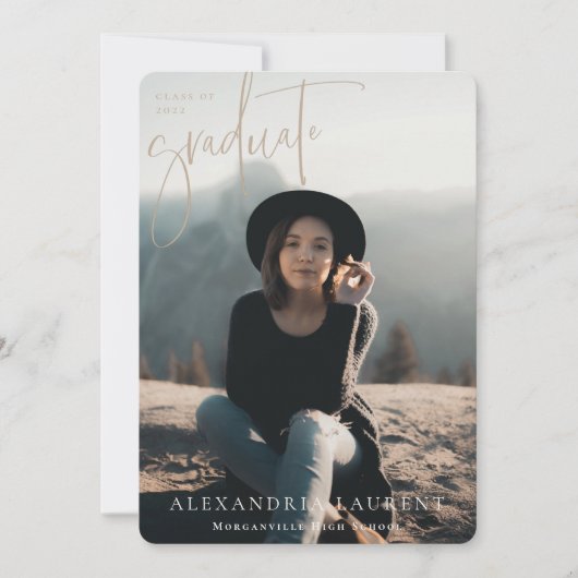 Beigeスクリプトポートレート卒業写真 案内状 (正面)