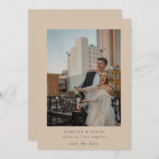 Beigeミニマルエレガントリスト写真日付を保存 招待状 (正面/裏面)