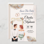 Beige図エレガント示フローラ、カップル 招待状 (正面/裏面)