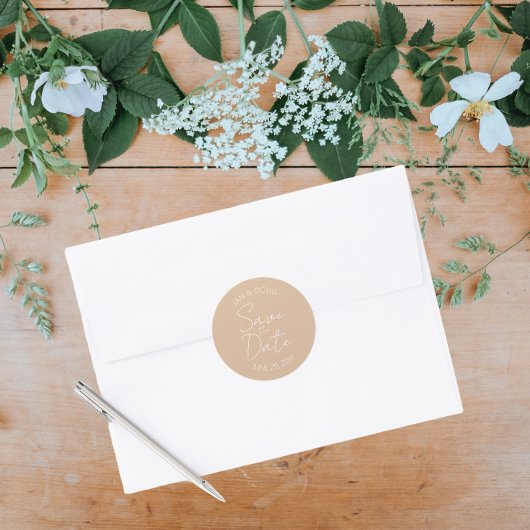 Beige様式化されたスクリプトウェディング日付を保存 ラウンドシール