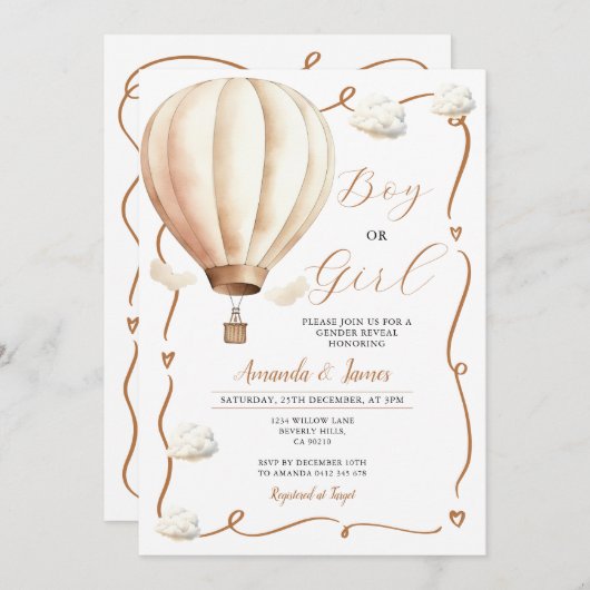 Beige熱気球ジェンダーがリボンの弓を明らかにする 招待状 (正面/裏面)