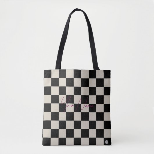 Beige and Black Checker Tote Bag HAMbWG トートバッグ (正面)