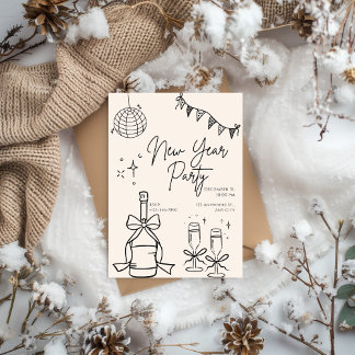 Beige and Black Doodle Simple New Year's Eve Party 招待状
