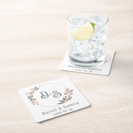 Beige and Blue Floral Custom Name Elegant  スクエアペーパーコースター (インサイチュ)