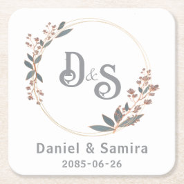 Beige and Blue Floral Custom Name Elegant  スクエアペーパーコースター