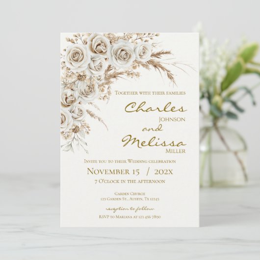 Beige and Boho Flowers Wedding Invitation 招待状 (スタンド正面)