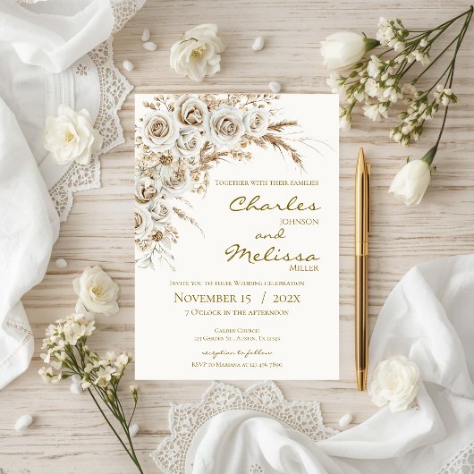 Beige and Boho Flowers Wedding Invitation 招待状