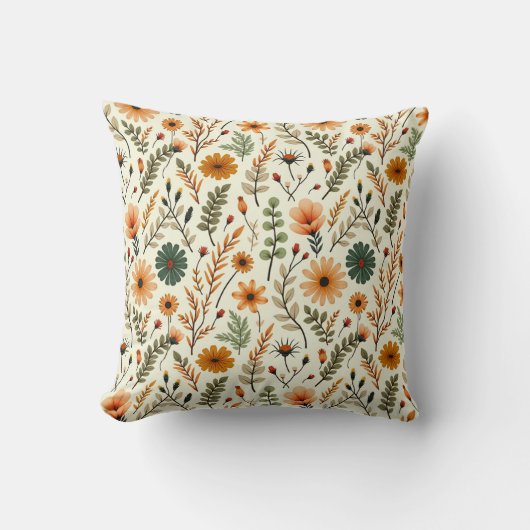 Beige and Brown Boho Flowers クッション (正面)
