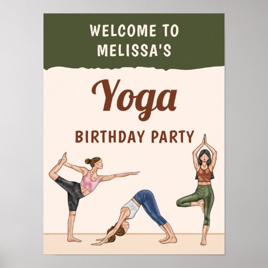 Beige And Green Boho Yoga Birthday Party Welcome ポスター (正面)