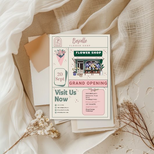 Beige and Green Elegant Flower Shop Opening Card 招待状