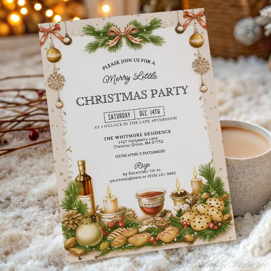 Beige and Pine Greenery Ribbon Christmas Party 招待状