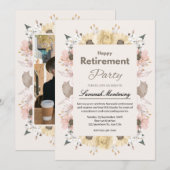 Beige and Pink Floral Photo Retirement Party 招待状 (正面/裏面)