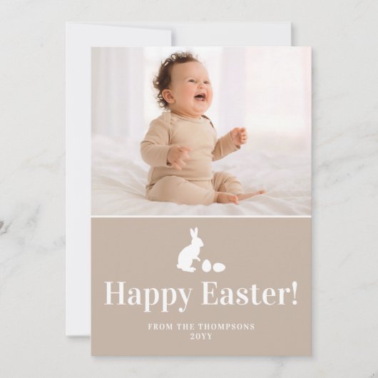 Beige And White Bunny With Custom Photo Easter カード (正面)