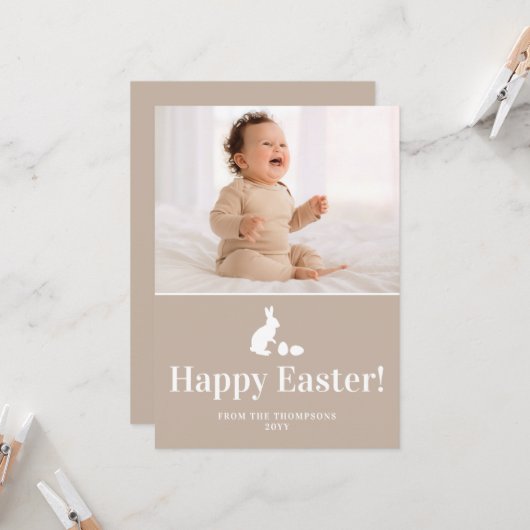 Beige And White Bunny With Custom Photo Easter カード (正面/裏面インサイチュ)