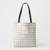 Beige and White Gingham Plaid Monogram トートバッグ (正面)