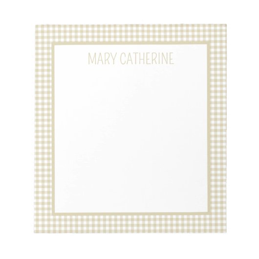 Beige and White Gingham Plaid Personalized ノートパッド (正面)