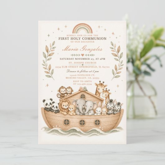 Beige Ark Animals Rainbow First Holy Communion 招待状 (スタンド正面)