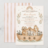 Beige Ark Animals Rainbow First Holy Communion 招待状 (正面/裏面)