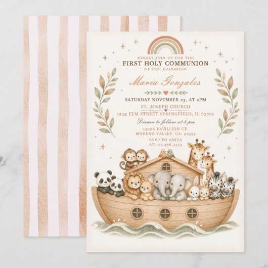 Beige Ark Animals Rainbow First Holy Communion 招待状 (正面/裏面)