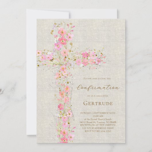 beige background pink flowers cross Confirmation 招待状 (正面)