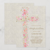 beige background pink flowers cross Confirmation 招待状 (正面/裏面)