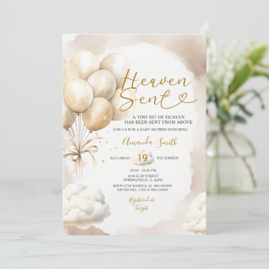 Beige Balloon Heaven Sent Baby Shower Cloud 招待状 (スタンド正面)