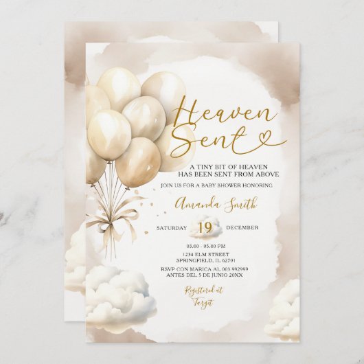 Beige Balloon Heaven Sent Baby Shower Cloud 招待状 (正面/裏面)