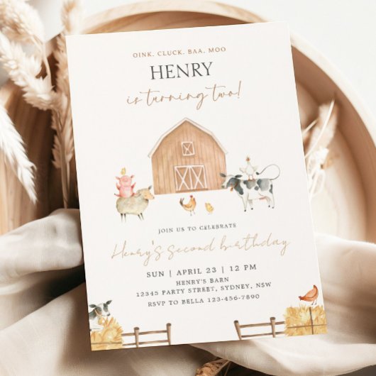 Beige Barn 2nd Birthday Farm Animals Party 招待状