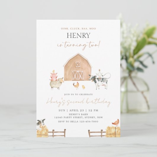 Beige Barn 2nd Birthday Farm Animals Party 招待状 (スタンド正面)