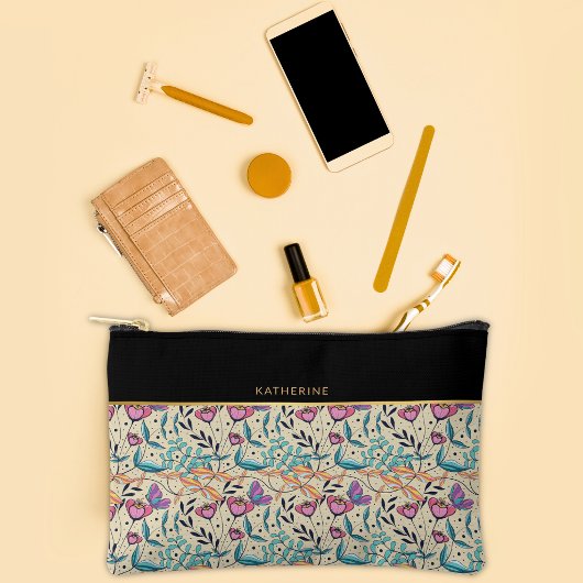 Beige Black Flowers Pattern Pretty Girly Trendy アクセサリーポーチ