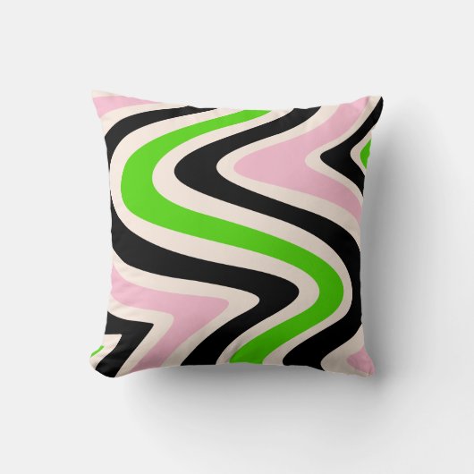 Beige Black Pink Green Abstract Swirl クッション (正面)